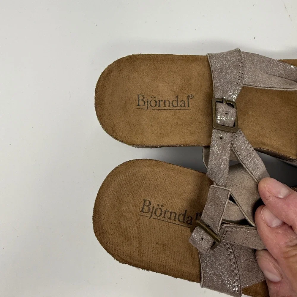 Bjorn Dahl Taupe Wedge Sandals Slingback Cork Platform Strappy Size 7‎